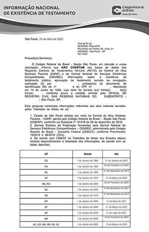 Certidão Negativa Testamento