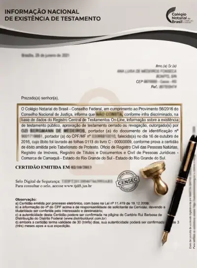 Modelo ilustrativo da certidão